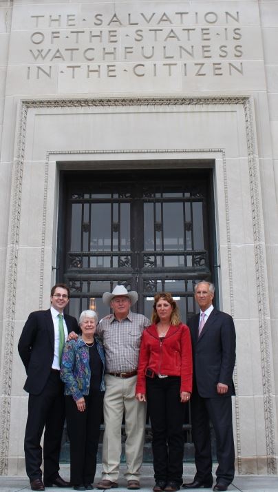 Landowner clients and Lawyers Brian Jorde and Dave Domina outside Nebraska State Capital following Oral Argument (From left: Brian Jorde, Susan Dunavan, Randy Thompson, Suz Straka, and Dave Domina)